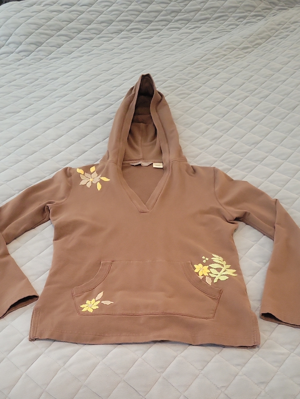 Women’s Brown Hooded Pullover Top with Yellow Floral Accents